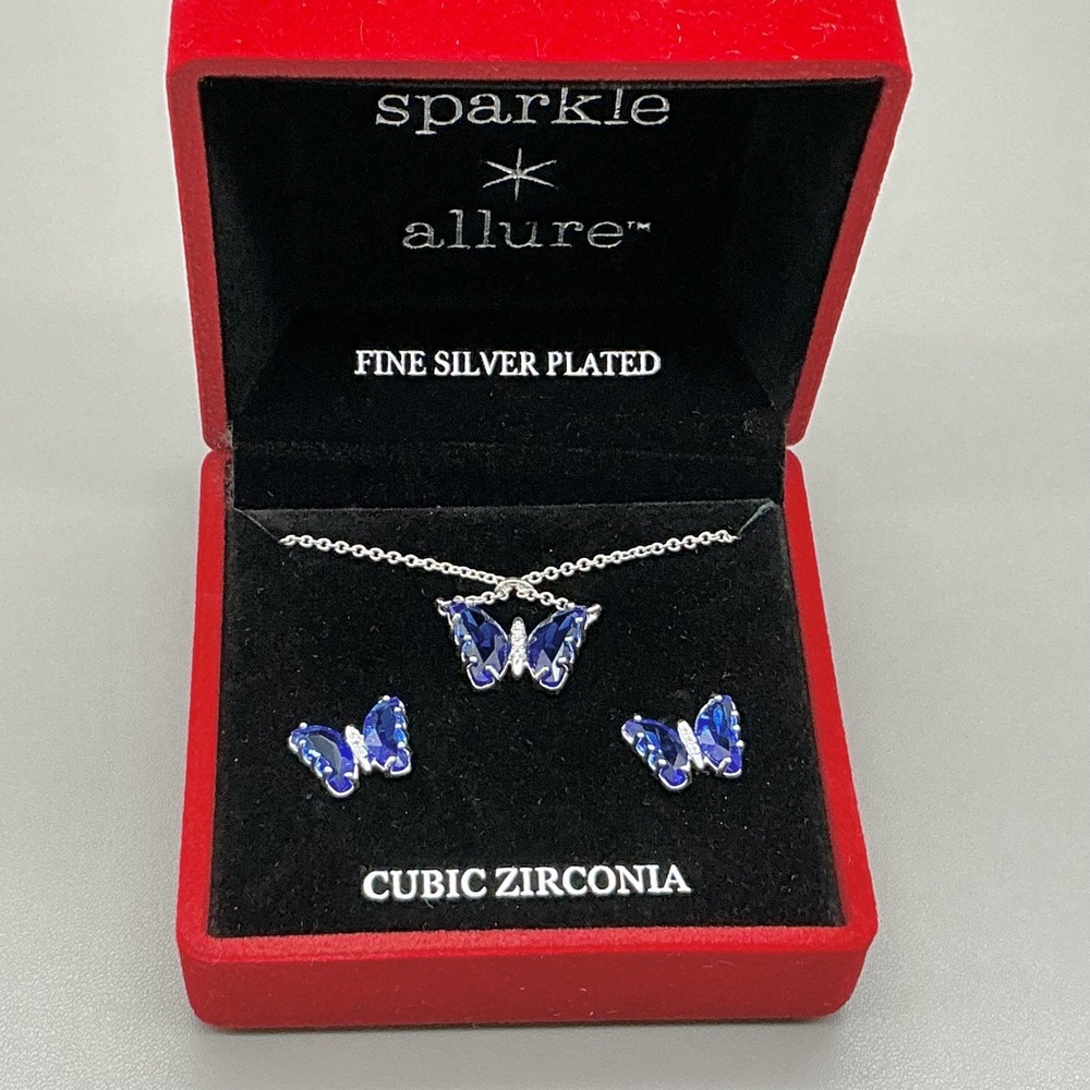 Sparkle Allure Blue Butterfly Necklace Earrings Set Silver Plated CZ Jewelry